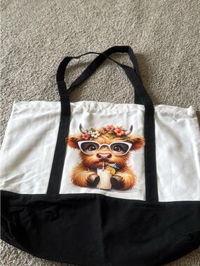 White & Black Canvas Tote with Cute Highland Calf Graphic